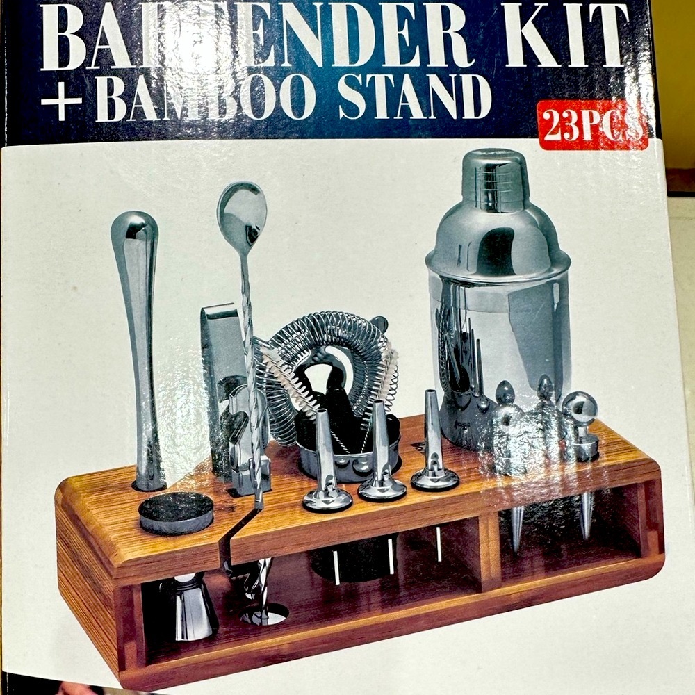 23-Piece Silver Bar Tool Set with Bamboo Stand